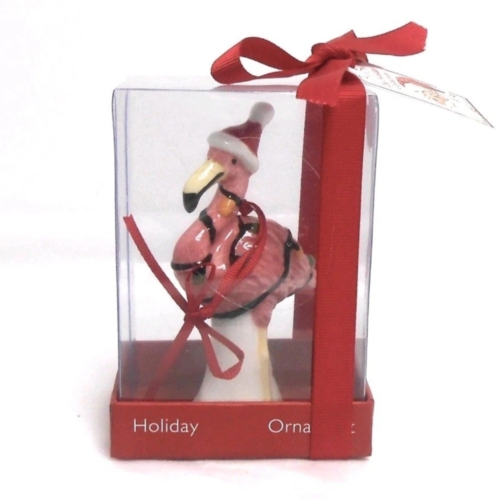 Blue Sky Pink Flamingo with Santa Hat Ornament